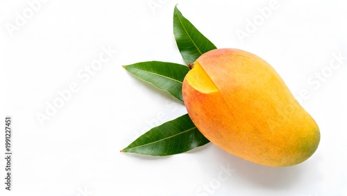 Top view of mango fruit with artistic cutting style and green leaves garnish