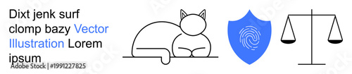 Legal services, animal care, digital security, justice, balance, identity protection. Cat outline, fingerprint shield and scales of justice. Legal services and digital security concept