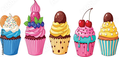 Gourmet cupcake vector set featuring 5 artisanal designs with fruit chocolate and sprinkles for bakery branding and dessert menus in a flat style