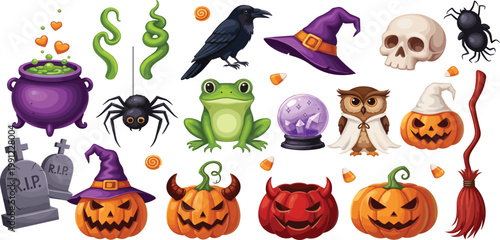 Halloween spooky vector kit featuring 18 icons including witch cauldron pumpkins raven and magical familiars in a flat watercolor style