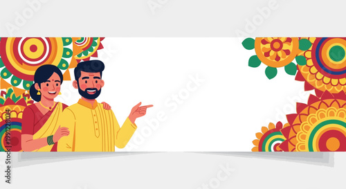 Indian couple dressed in traditional clothing standing together.