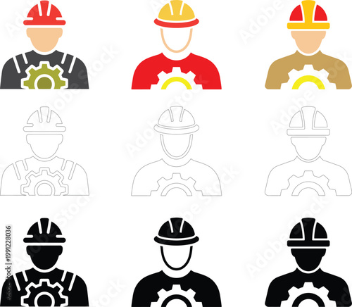 Construction Worker Engineer Icon Set Industrial Labor Gear Symbols