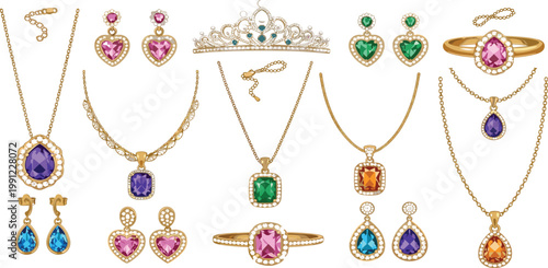 Luxury jewelry vector set featuring 18 gold and gemstone pieces including tiara diamond necklaces heart earrings and rings in a flat elegant style