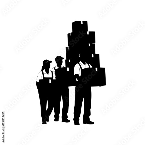 Silhouette of couriers and movers carrying a large stack of cardboard boxes