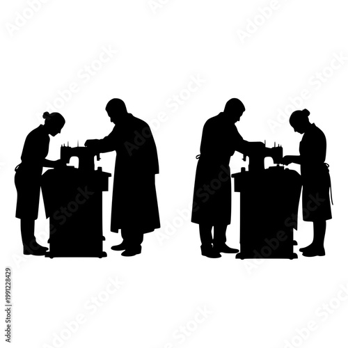Silhouettes of factory workers operating industrial sewing machines