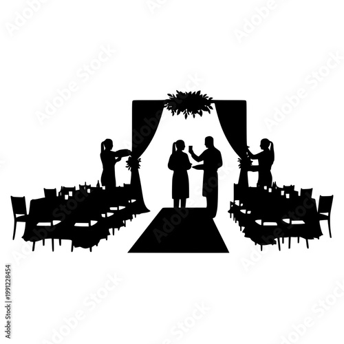 Wedding Banquet Hall Setup Silhouette with Servers and Floral Archway
