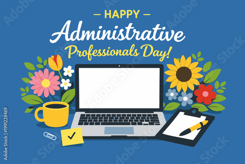 Administrative Professionals Day Vector Illustration with Flowers and Laptop