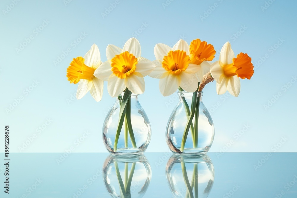 Fototapeta premium yellow and white daffodil lowers in glass vases staning on mirror reflection te blue sky