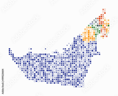United Arab Emirates, shape of the country build of colored cells. Digital style map of the United Arab Emirates on white background. Small size square blocks. Abstract vector illustration.