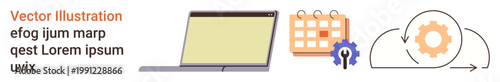 Workflow organization, task scheduling, cloud technology, productivity tools, digital management, data synchronization. Laptop, calendar cloud gear icon. Workflow organization and task scheduling
