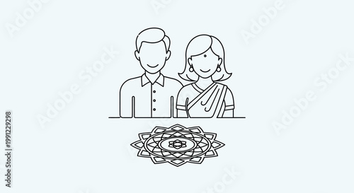 Indian couple line art illustration with mandala pattern.