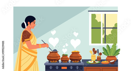 Indian woman in traditional sari cooking food on a stove.