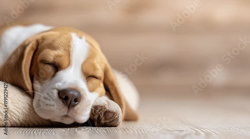 A peacefully sleeping beagle puppy rests comfortably on a warm wooden surface conveying feelings of tranquility innocence and cozy domesticity a heartwarming portrait of canine slumber