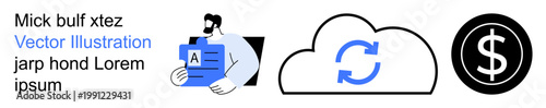 Technology, cloud operations, data security, financial management, user authentication, document storage. A person holds an ID card, cloud sync and dollar icons. Technology and cloud operations