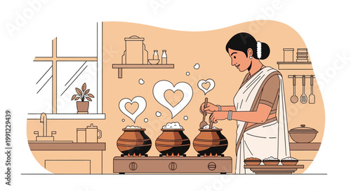 Indian woman cooking traditional food in clay pots with heart shaped steam.