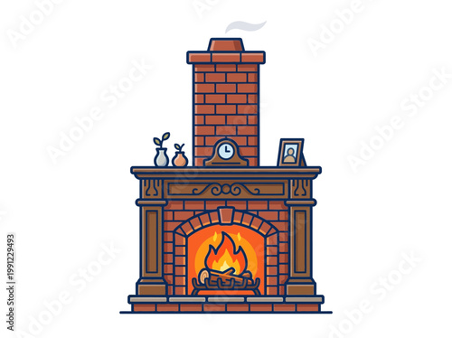 A lit brick fireplace with a clock and hair dryer on the mantle indoors