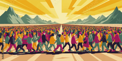 Massive crowd walking through mountain valley at sunrise, colorful vector illustration of unity, migration, protest and human movement