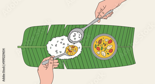 Top view of traditional South Indian meal served on a fresh green banana leaf.