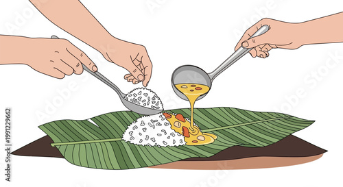 Hands serving rice and curry on a banana leaf.