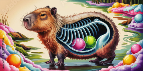 Surreal capybara anatomy illustration with exposed rib cage in pastel dreamscape, colorful fantasy animal concept art