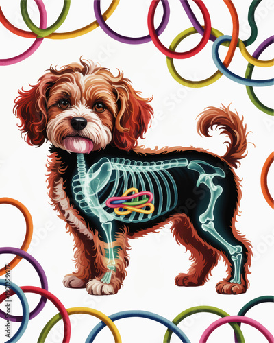 Cute fluffy puppy anatomy illustration with transparent xray skeleton and colorful rings, playful educational veterinary art