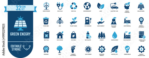 Green energy and eco sustainability icon set. Editable stroke. Solar panel, wind turbine, electric car, recycle, bio fuel, carbon footprint and environment vector line symbols