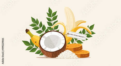 Illustration of fresh tropical coconut and banana fruit ingredients.