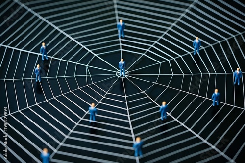 businessmen toys standing on spider web. Business networking connection