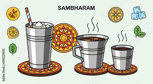 Illustration of traditional South Indian buttermilk beverage Sambharam served in metal cups.