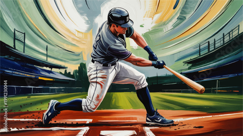 Dynamic baseball batter swinging in stadium, colorful digital painting of athlete at home plate with dramatic motion and energy
