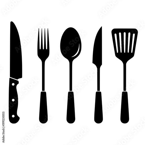 Kitchen utensils set of silhouettes including knife fork spoon and spatula
