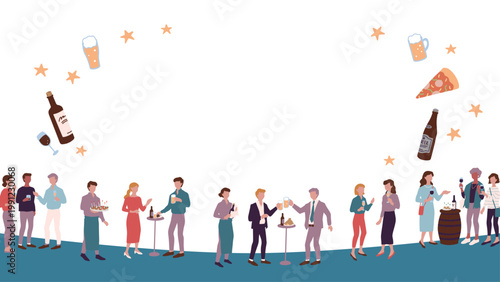 居酒屋でビールなどお酒を飲む人物、従業員、飲み会、おつまみの手書きのベクターフレーム素材 16:9 Hand-drawn vector clip art featuring people drinking beer and other alcoholic beverages at an izakaya, staff, drinking parties, and snacks.