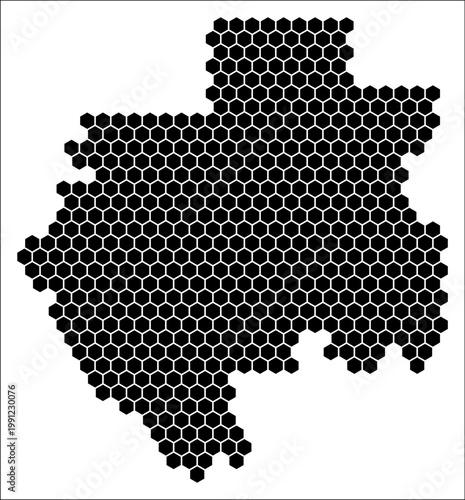 Gabon simple black and white hexagon map shape template. Country plain hexagon cell dots. Gabon flat honeycomb boundary. Vector Illustration.