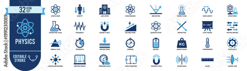 Digital physics icon set. Editable stroke. Quantum computing, atom, molecule, waveform, energy, gravity and science technology vector line symbols. For STEM education app UI