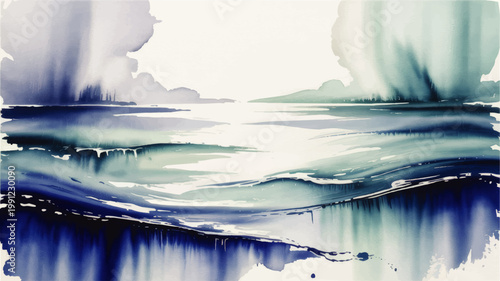 Abstract Blue Watercolor Seascape Landscape with Flowing Waves, Misty Horizon, Aqua Tones, Minimal Coastal Painting Background