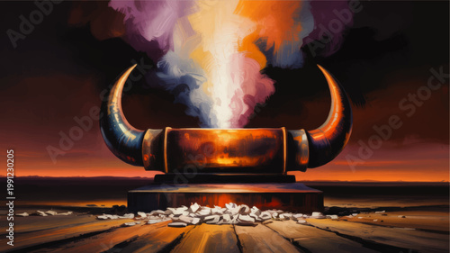 Dramatic horned incense burner with colorful smoke at dusk, mystical ritual altar in desert landscape digital painting