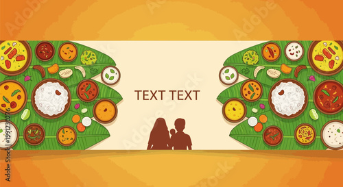 Indian traditional meal served on banana leaves with rice and curries.