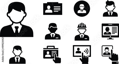 Black and white icons depicting various people profiles and identification documents