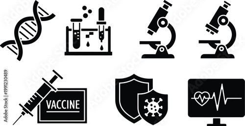Medical and scientific research icons a collection representing biology virology and healthcare