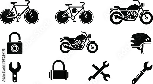 Black silhouette icons representing various modes of transportation and related accessories