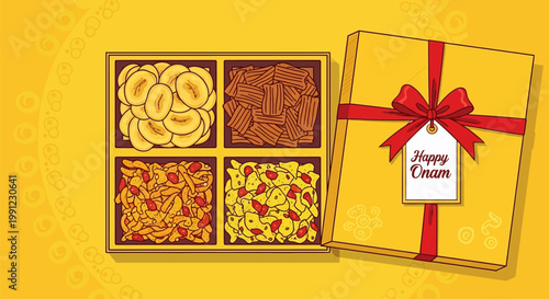 Top view of a decorative gift box containing assorted Indian sweets for Onam festival.