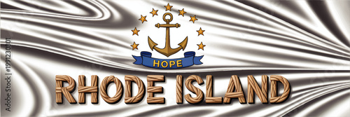 Rhode Island State Flag Illustration with Anchor Hope Motto and Gold Stars on Flowing Silver Fabric Background