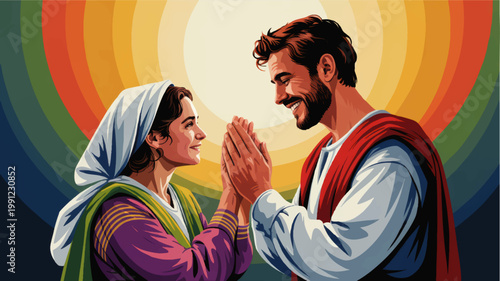Warm retro style illustration of biblical couple praying together with radiant rainbow circles, faith, love, devotion, and hope