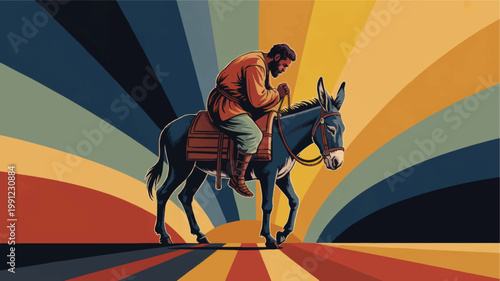 Vintage style illustration of bearded man riding donkey with colorful sunburst background, biblical journey concept art