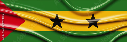 Waving Sao Tome and Principe Flag Background, Glossy National Banner with Green Yellow Red Colors and Black Stars