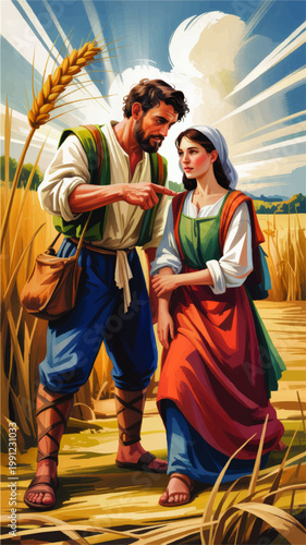 Rustic biblical harvest scene with peasant couple in wheat field, vintage pastoral illustration with sunburst sky