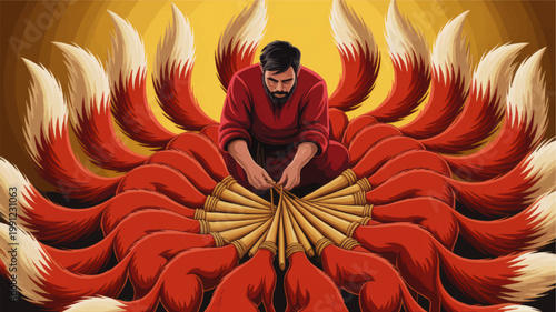 Bearded artisan weaving giant red feather fans in circular composition, vibrant folklore craft illustration with warm golden tones