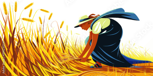 Woman Harvesting Wheat in Golden Field, Rural Farming Illustration with Traditional Hat, Blue Dress and Summer Agriculture Scene