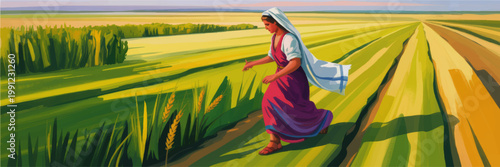 Rural woman in flowing dress walking through golden wheat fields at harvest, vibrant pastoral landscape illustration
