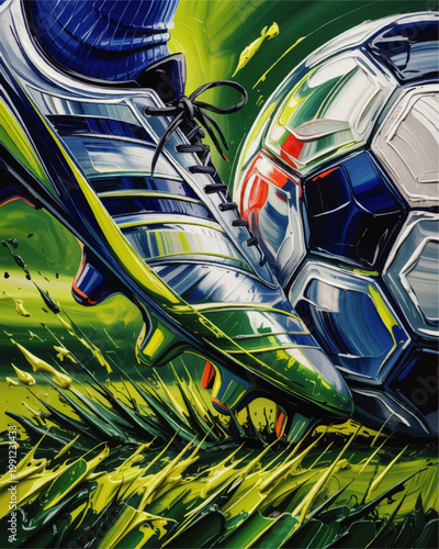 Dynamic Soccer Illustration of Cleated Foot Kicking Football on Green Grass Field in Bold Blue and Lime Sports Artwork